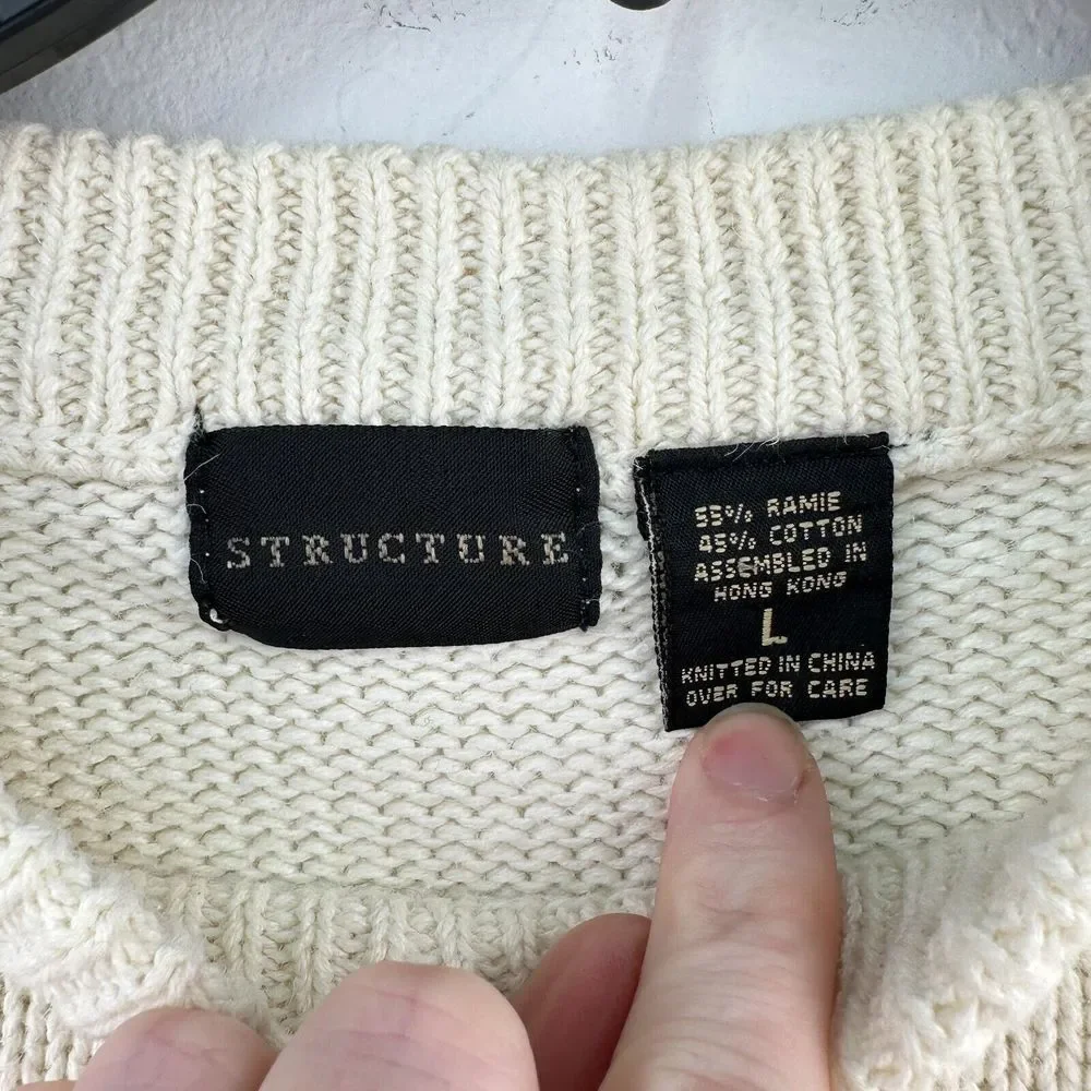 Vintage Structure Sweater Mens‎ Large Cream Dolman Sleeve Crew Neck Minimalist